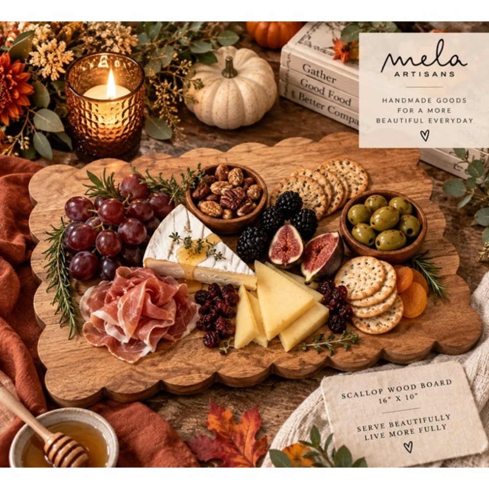 Mela Artisans Scallop Wood Board 16x10 Mango Wood Charcuterie Serving Tray NEW